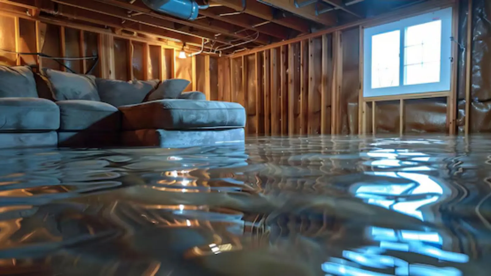 Flooded basement living area with exposed wall studs and water covering the floor